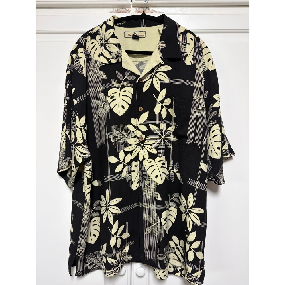 Tommy Bahama Mens XL Silk Short Sleeve Button Down Tropical Floral Shirt Black